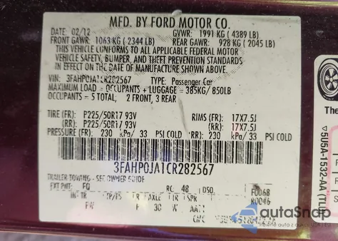 2012 Ford Fusion Sel z USA, uszkodzony, nr VIN 3FAHP0JA1CR282567